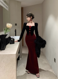 Elegant Long - sleeve Black and Red Velvet Mermaid Dress