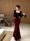 Elegant Long - sleeve Black and Red Velvet Mermaid Dress