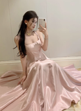 Elegant Pink Square Neck Satin Maxi Sundress