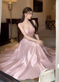 Elegant Pink Square Neck Satin Maxi Sundress