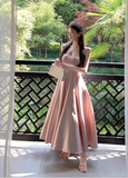 Elegant Pink Square Neck Satin Maxi Sundress