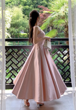 Elegant Pink Square Neck Satin Maxi Sundress