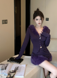 Stylish Purple Knit Set with Fluffy Fur Trim Details