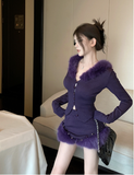 Stylish Purple Knit Set with Fluffy Fur Trim Details