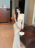 Elegant Long - sleeve Beige Chiffon Ruched Maxi Dress