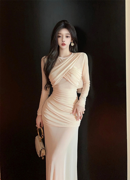 Elegant Long - sleeve Beige Chiffon Ruched Maxi Dress