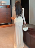 Elegant Long - sleeve Beige Chiffon Ruched Maxi Dress