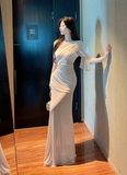 Elegant Long - sleeve Beige Chiffon Ruched Maxi Dress