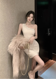 Charming Sleeveless Cream Bodycon Dress with Furry Shawl