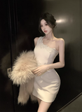 Charming Sleeveless Cream Bodycon Dress with Furry Shawl