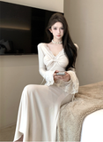 Elegant Long - sleeve Ivory Mermaid Dress with Lace Cuffs