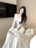 Elegant Long - sleeve Ivory Mermaid Dress with Lace Cuffs