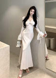 Elegant Long - sleeve Ivory Mermaid Dress with Lace Cuffs