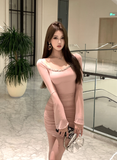 Elegant Long - sleeve Blush Ruched Bodycon Mini Dress