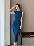 Elegant Sleeveless Ruched Bodycon Midi Dress