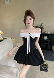 Charming Off - Shoulder Black Dress with White Bow Detail