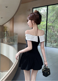 Charming Off - Shoulder Black Dress with White Bow Detail