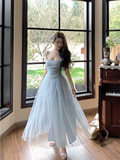 Elegant Spaghetti Strap Light Blue Tulle Maxi Dress