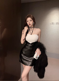 Elegant Halter - neck Faux Fur Trimmed Leather Mini Dress