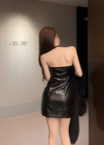 Elegant Halter - neck Faux Fur Trimmed Leather Mini Dress