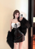 Elegant Halter - neck Faux Fur Trimmed Leather Mini Dress