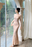 Elegant High - neck Blush Lace Flared - sleeve Mermaid Dress