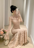 Elegant High - neck Blush Lace Flared - sleeve Mermaid Dress