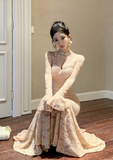 Elegant High - neck Blush Lace Flared - sleeve Mermaid Dress