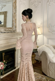 Elegant High - neck Blush Lace Flared - sleeve Mermaid Dress