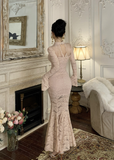 Elegant High - neck Blush Lace Flared - sleeve Mermaid Dress