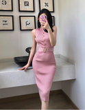 Stylish Button - front Pink Striped Bodycon Midi Dress