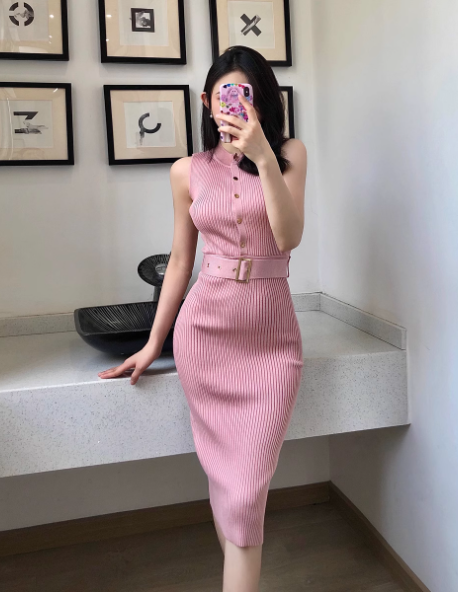 Stylish Button - front Pink Striped Bodycon Midi Dress