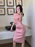 Stylish Button - front Pink Striped Bodycon Midi Dress