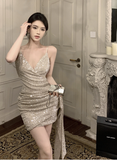 Glamorous Spaghetti Strap Gold Sequin Wrap Mini Dress