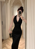 Elegant Deep V - neck Black Halter Mermaid - style Slit Dress