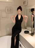 Elegant Deep V - neck Black Halter Mermaid - style Slit Dress