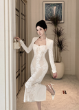 Elegant Long - sleeve White Lace Corset Midi Dress