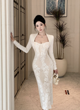 Elegant Long - sleeve White Lace Corset Midi Dress