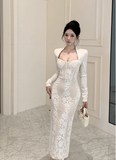 Elegant Long - sleeve White Lace Corset Midi Dress