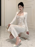 Elegant Long - sleeve White Lace Corset Midi Dress