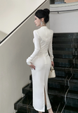 Elegant Long - sleeve White Lace Corset Midi Dress