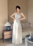 Elegant Sweetheart Neck White Chiffon Spaghetti Strap Maxi Dress