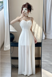 Elegant Sweetheart Neck White Chiffon Spaghetti Strap Maxi Dress