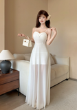 Elegant Sweetheart Neck White Chiffon Spaghetti Strap Maxi Dress