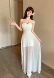 Elegant Sweetheart Neck White Chiffon Spaghetti Strap Maxi Dress