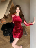 Elegant Round - neck Sparkly Burgundy Bodycon Mini Dress