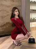 Elegant Round - neck Sparkly Burgundy Bodycon Mini Dress