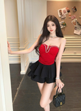 Stylish Strapless Red Beaded Top with Ruffled Black Skirt