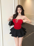 Stylish Strapless Red Beaded Top with Ruffled Black Skirt