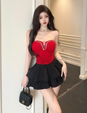 Stylish Strapless Red Beaded Top with Ruffled Black Skirt